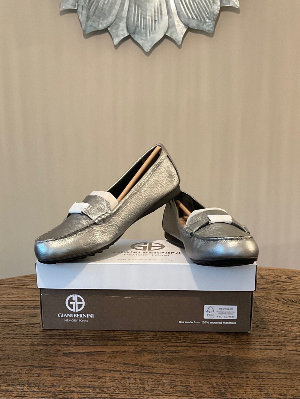 Giani Bernini Metallic Silver Loafers with White Accent